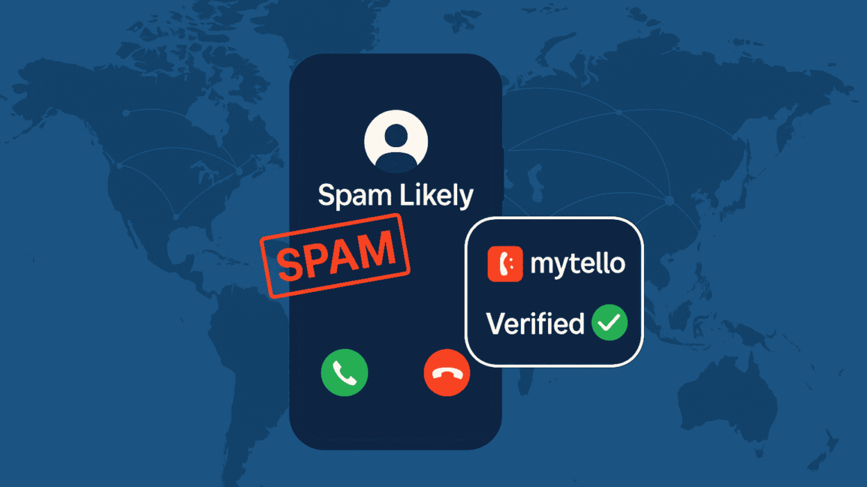 Phone screen showing a spam-labeled international call and a verified call overlayed on a world map background