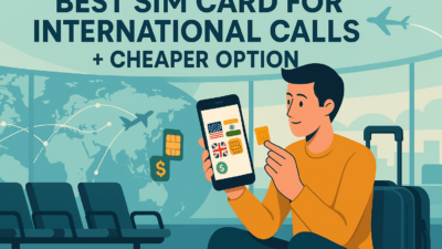 Traveler comparing SIM cards for international calls on smartphone, exploring cheap alternatives for global calling
