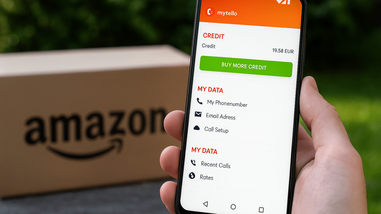 A hand holding a smartphone showing the Mytello app interface, with a visible Amazon delivery box in the background, representing international calling without roaming.