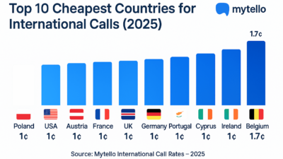 cheapest countries for international calls, including Poland, France, UK, Germany, and USA at 1 cent per minute via Mytello