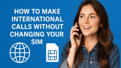 Traveler making a clear international call using their original SIM card, showcasing a low-cost global calling solution.