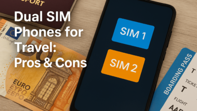 A modern smartphone showing two active SIM cards on-screen, with passport, local currency, and boarding pass on a desk background.