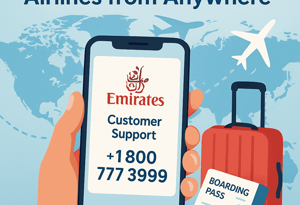 Traveler holding smartphone with Emirates customer support number, world map and suitcase background
