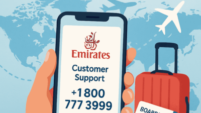 Traveler holding smartphone with Emirates customer support number, world map and suitcase background