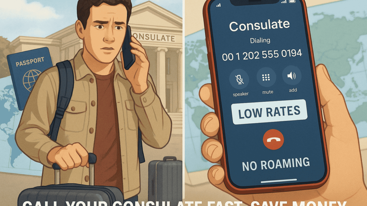 traveler making a phone call to a consulate office during an international trip, emphasizing quick and affordable communication.