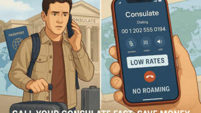 traveler making a phone call to a consulate office during an international trip, emphasizing quick and affordable communication.