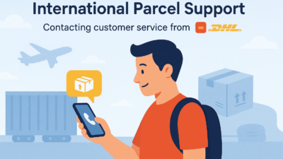 Caller using Mytello app to contact DHL customer service from abroad to report a missing international parcel
