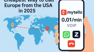 A smartphone showing VoIP calling apps like Mytello with a world map linking the USA and Europe