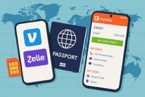 Two smartphones showing Venmo, Zelle, and Mytello apps beside a passport and SIM card on a world map 