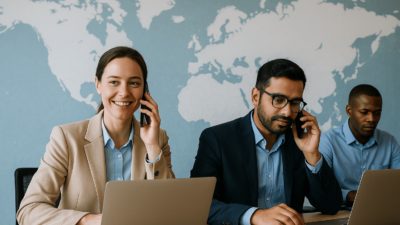 hree small business professionals using laptops and phones for international communication with a world map in the background.