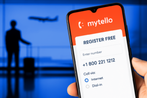 Smartphone displaying Mytello app with Delta’s number entered and call mode options visible at an airport