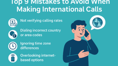 four common international calling mistakes: not verifying rates, dialing incorrect codes, ignoring time zones, and missing internet-based options