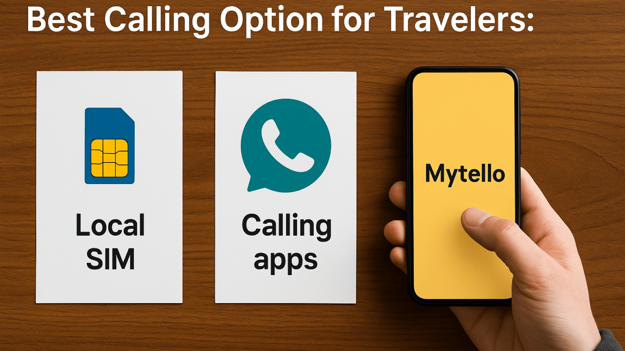 Phone user comparing SIM, VoIP app, and Mytello to call internationally while traveling