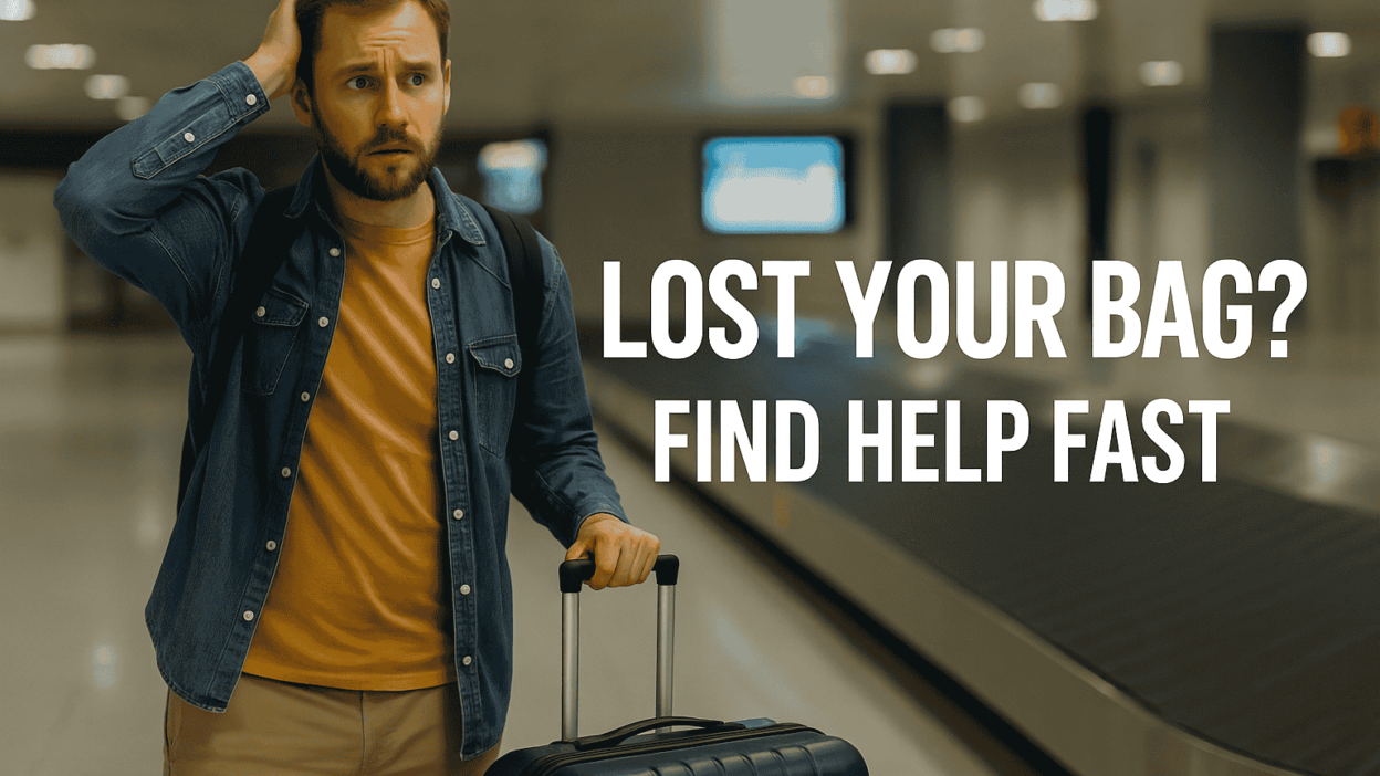 Confused traveler standing by empty baggage carousel looking for lost luggage at airport