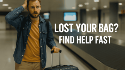 Confused traveler standing by empty baggage carousel looking for lost luggage at airport