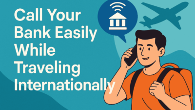Traveler with a smartphone calling his bank abroad, airplane flying in background, international banking connection concept