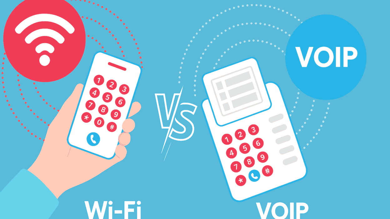 comparing Wi-Fi calling on a smartphone with VoIP using a desk phone, shown with signal icons and a VS divider