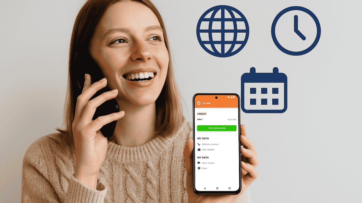 A woman smiling while using the Mytello app on her phone to make a low-cost international call, with icons of a clock, calendar, and globe in view