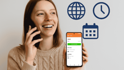 A woman smiling while using the Mytello app on her phone to make a low-cost international call, with icons of a clock, calendar, and globe in view
