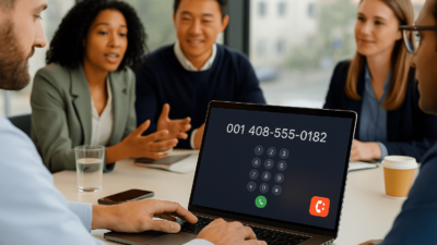 Business team managing international conference call using cost-saving dial-in service
