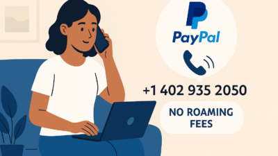 Woman calling PayPal customer service from abroad using a phone without roaming charges