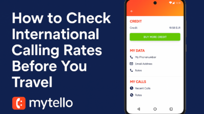 Traveler checking international calling rates before flying using Mytello app and rate comparison tool