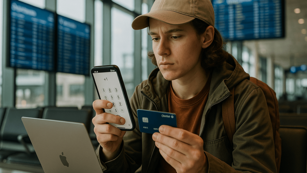 Young traveler at airport using smartphone dialer with Chase debit card visible